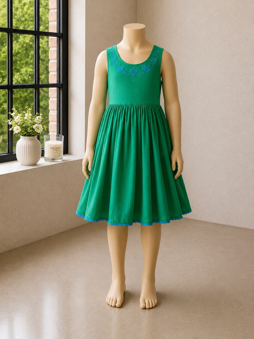 Mini Boden Girls Green Cotton Embroidered Dress 6-7Y